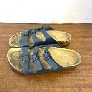 Birkenstock Sandals Womens Sz6 Florida Three Strap Adult 37 Navy Blue Cork Beach